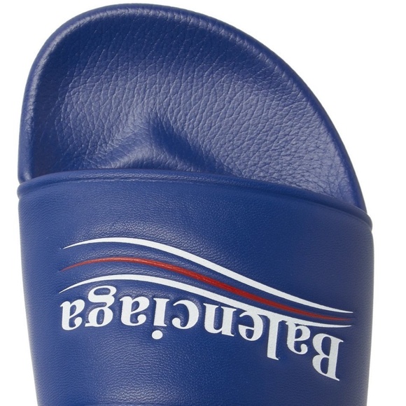 Balenciaga Blue Leather Campaign Logo Slide Pool Sandal Flip Flop Flat 44 11 main image 14